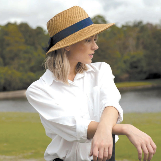 Asymmetrical Brim Summer Hat with Iridescent Band - DNMC Wide Brim Hat Boardwalk Style Hats