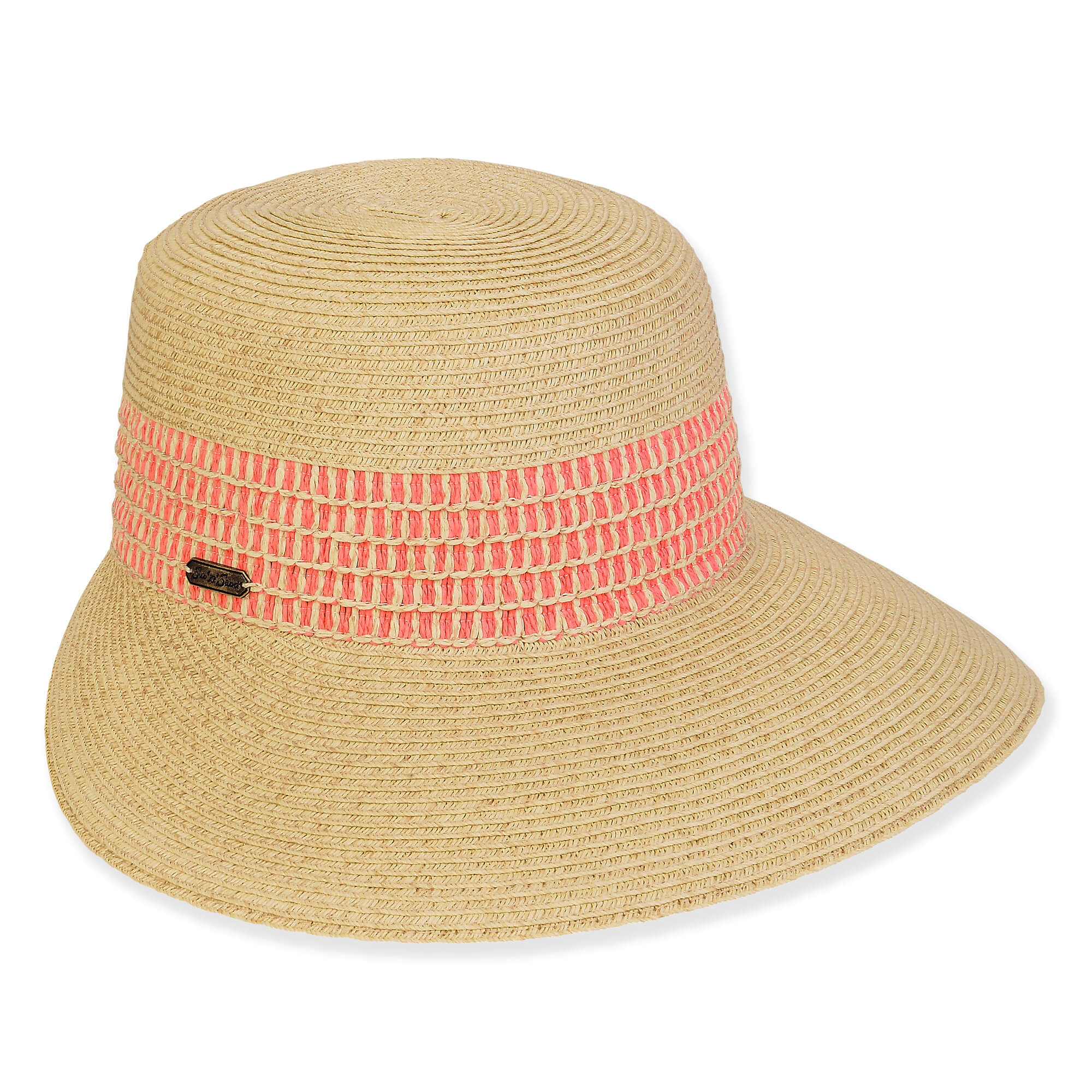 Backless Wide Bill Sun Savor with Embroidered Band - Sun 'N' Sand Hats Facesaver Hat Sun N Sand Hats HH3242A Coral OS (57 cm)