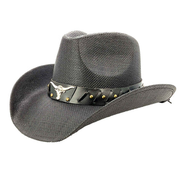 Black Straw Cowboy Hat with Long Horn Concho - Milani Hats Cowboy Hat Milani Hats ST-090 Black M/L