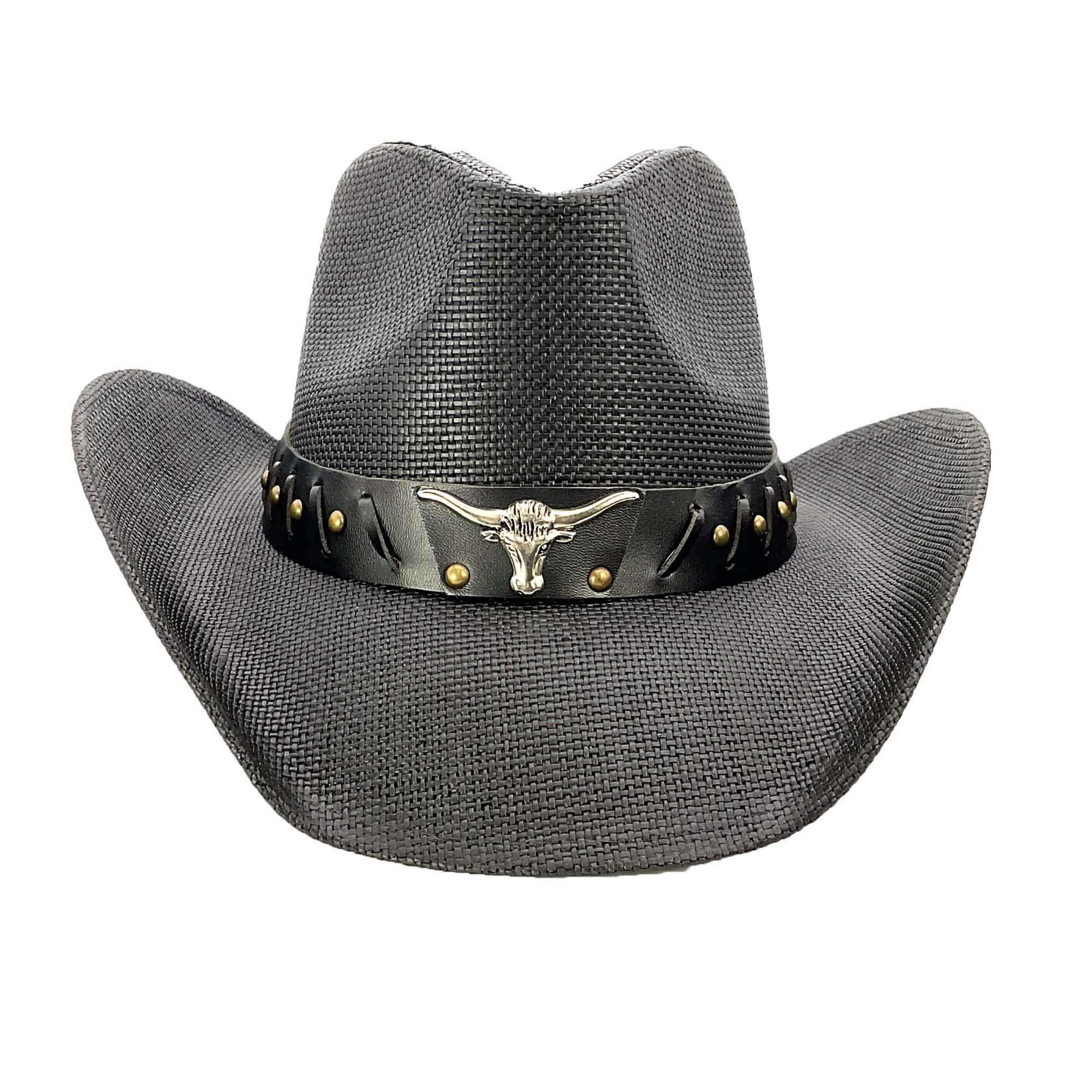 Black Straw Cowboy Hat with Long Horn Concho - Milani Hats 