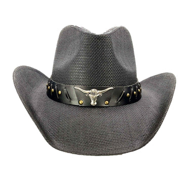 Black Straw Cowboy Hat with Long Horn Concho - Milani Hats Cowboy Hat Milani Hats