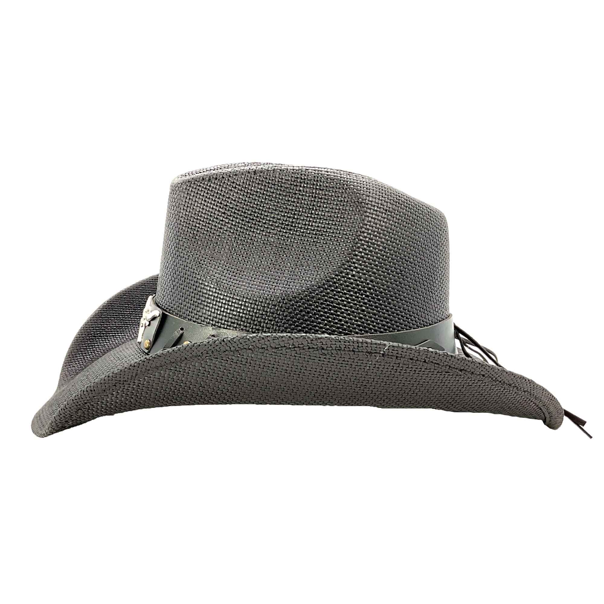 Black Straw Cowboy Hat with Long Horn Concho - Milani Hats 