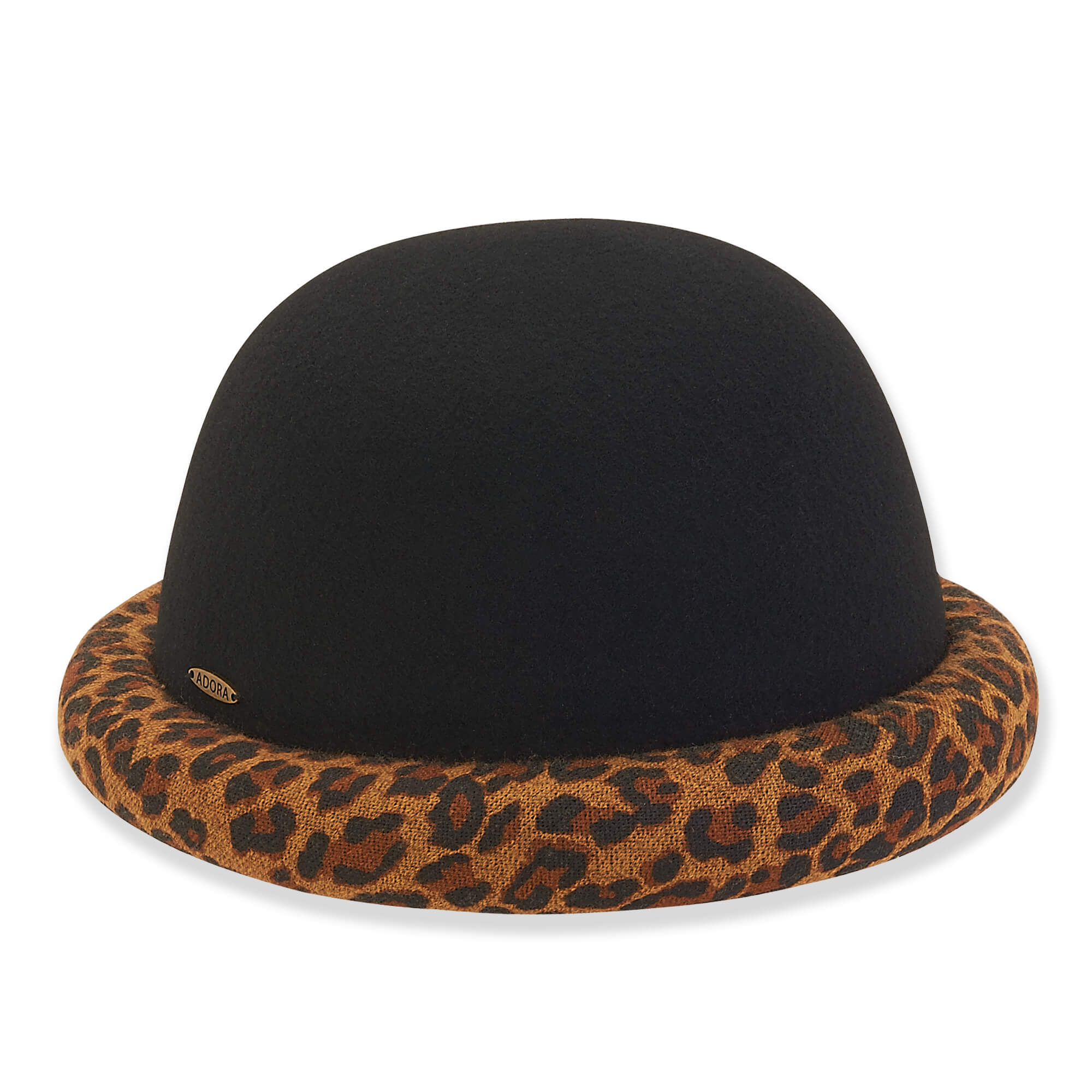 Black Wool Felt Bowler with Rolled Cheetah Pattern Brim - Adora® Hats