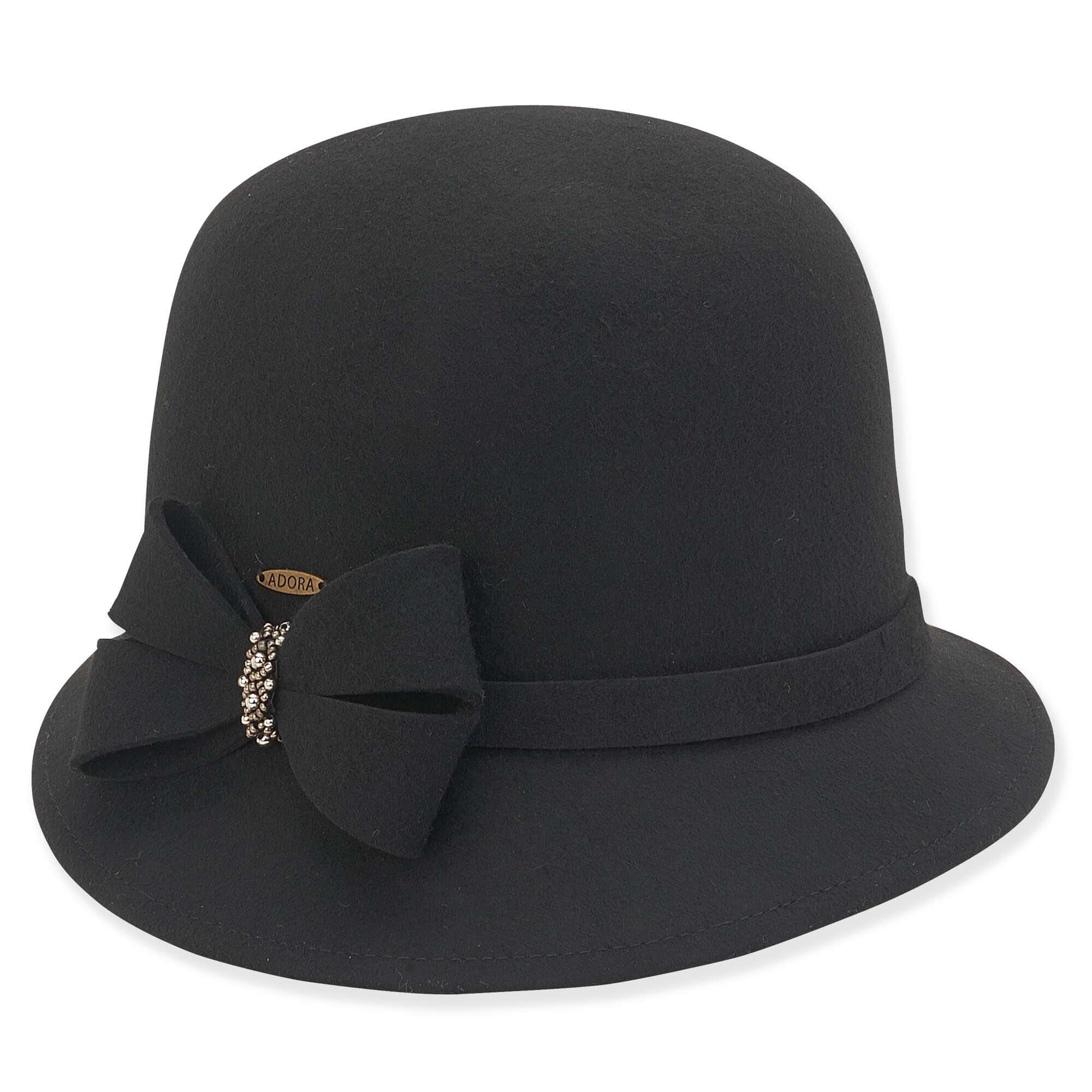 Black Wool Felt Cloche with Bow and Beads - Adora® Hats Cloche Adora Hats AD1105 A Black One size