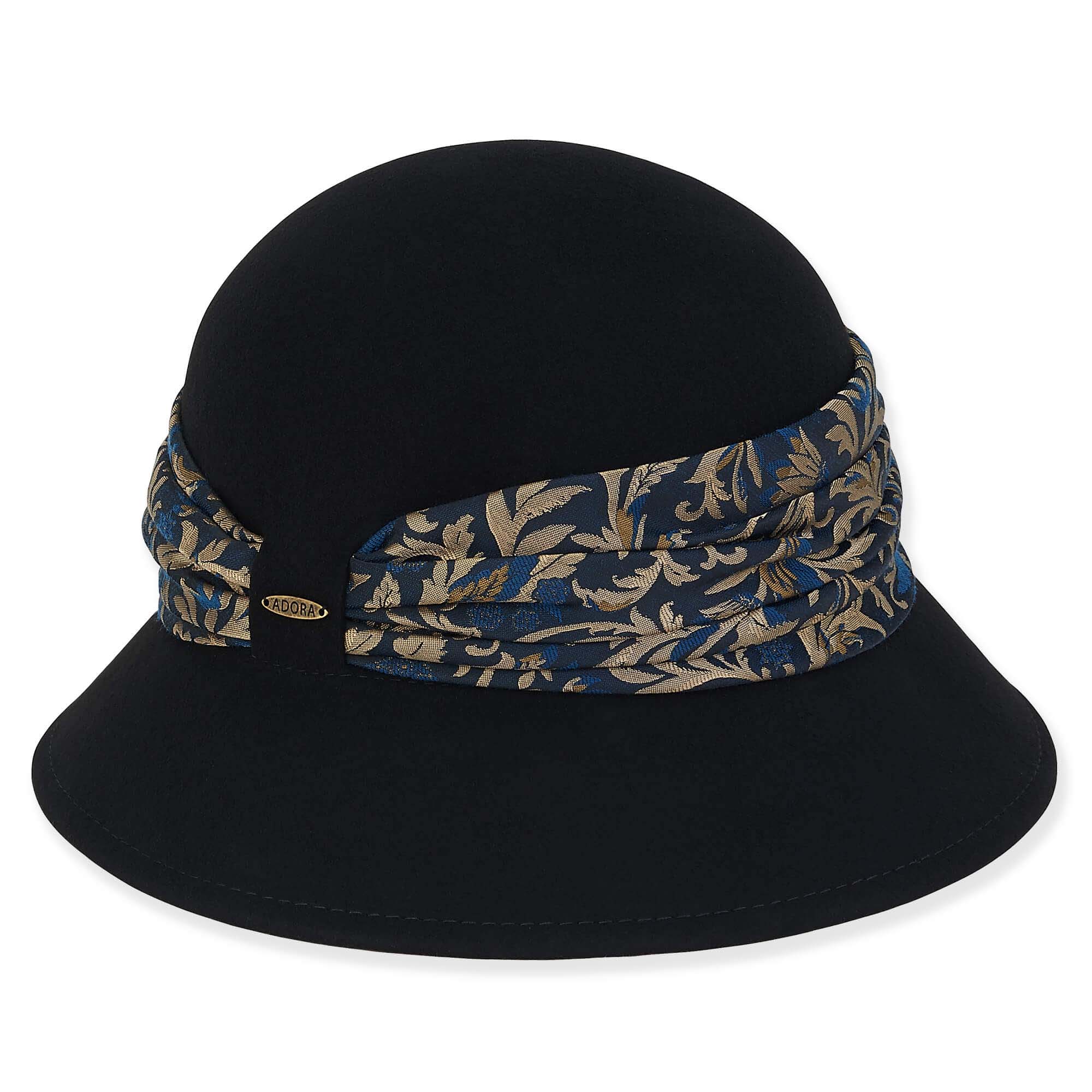 Black Wool Felt Cloche with Navy and Gold Silk Brocade Band - Adora® Hats