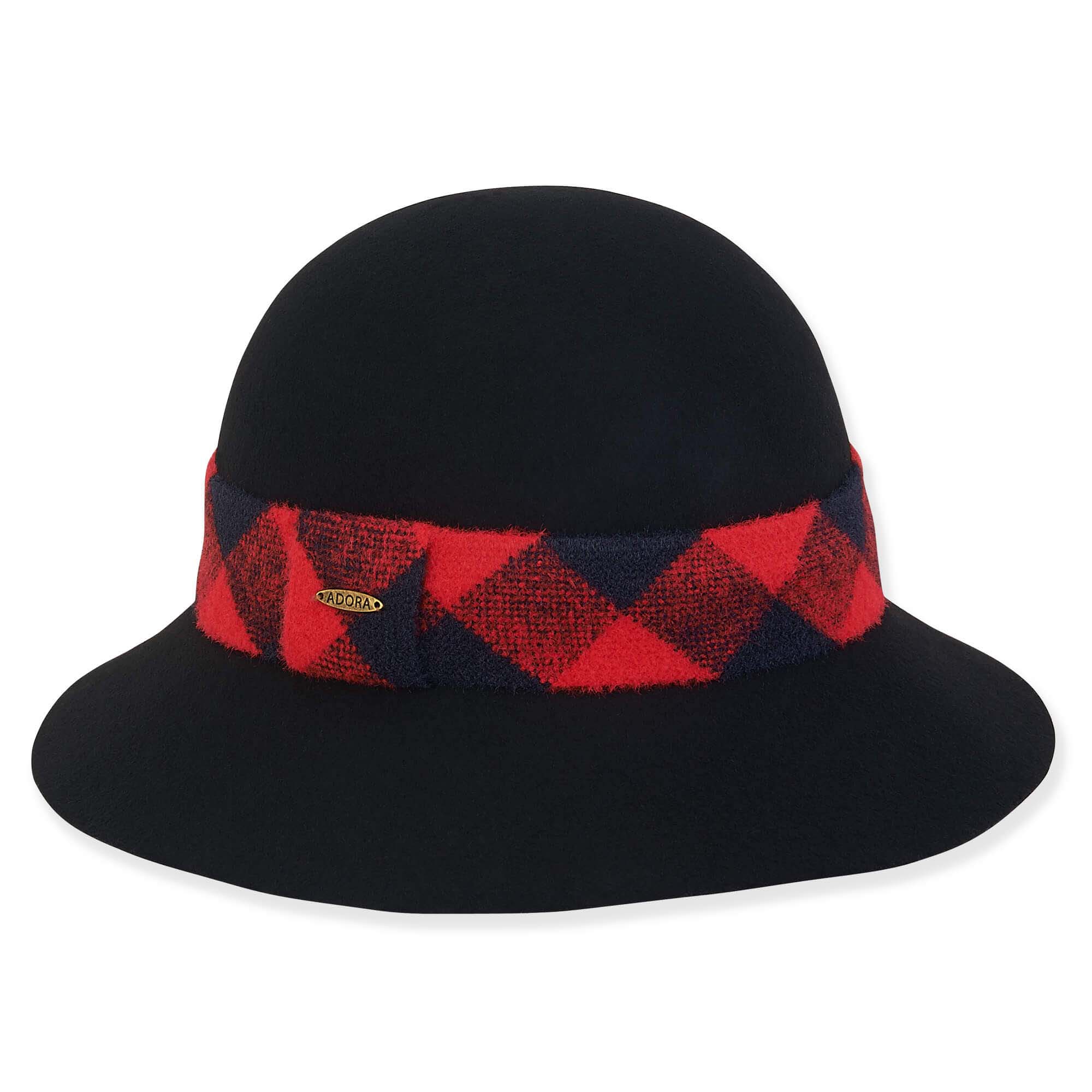Black Wool Felt Cloche with Red Buffalo Plaid Band - Adora® Hats