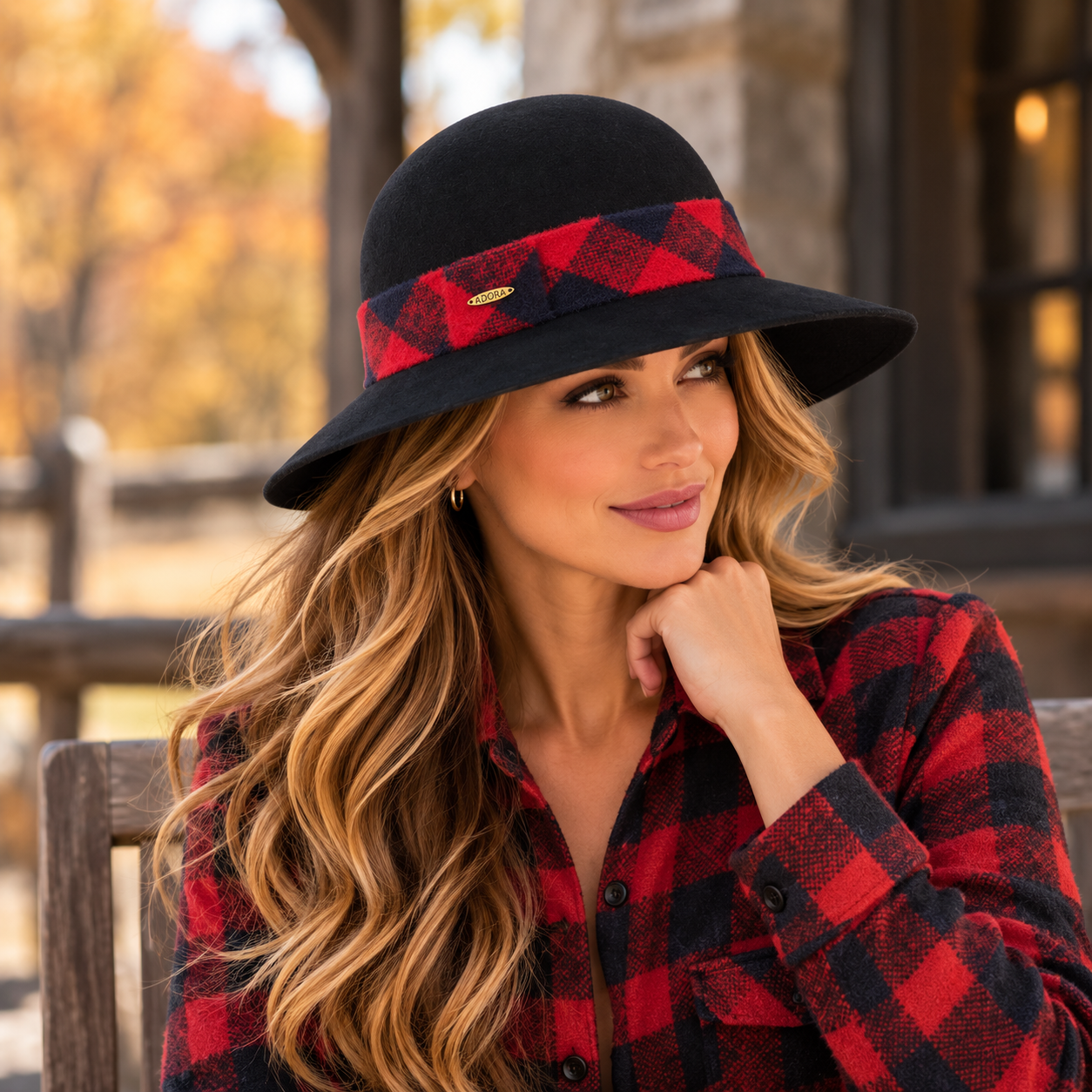 Black Wool Felt Cloche with Red Buffalo Plaid Band - Adora® Hats