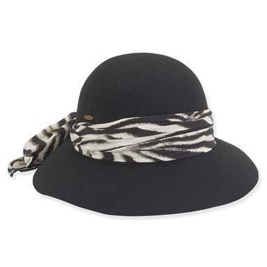 Black Wool Felt Women's Hat with Zebra Pattern Tie - Adora® Hats Cloche Adora Hats AD1093 B Black