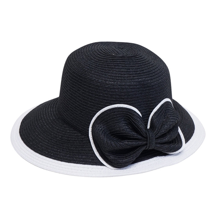 Black and White Sun Hat with Large Straw Bow - DNMC Hats Facesaver Hat Boardwalk Style Hats DA761-BK Black Medium (57 cm)