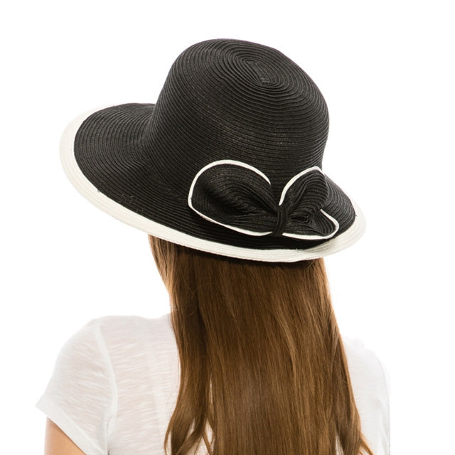 Black and White Sun Hat with Large Straw Bow - DNMC Hats Facesaver Hat Boardwalk Style Hats