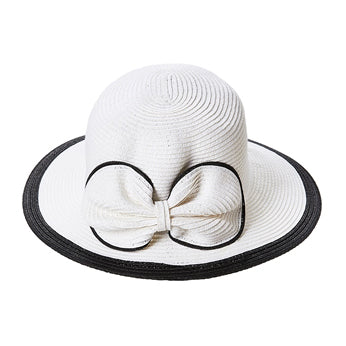 Black and White Sun Hat with Large Straw Bow - DNMC Hats Facesaver Hat Boardwalk Style Hats DA761-WH White Medium (57 cm)