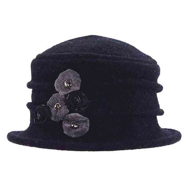 Boiled Wool Beanie Pleated with Rosette - Scala Hats Cloche Scala Hats lw635BK Black  