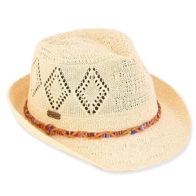 Brielle Knit Fedora with Colorful Band - Sun 'n' Sand® Hats Fedora Hat Sun N Sand Hats HH3148A Natural M/L (58.5 cm)