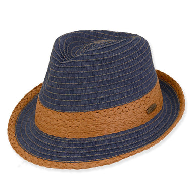 Caribbean Joe Denim Ribbon Fedora with Straw Trim - Island Living Fedora Hat Caribbean Joe HCJ269A-ML Blue M/L (59 cm) 