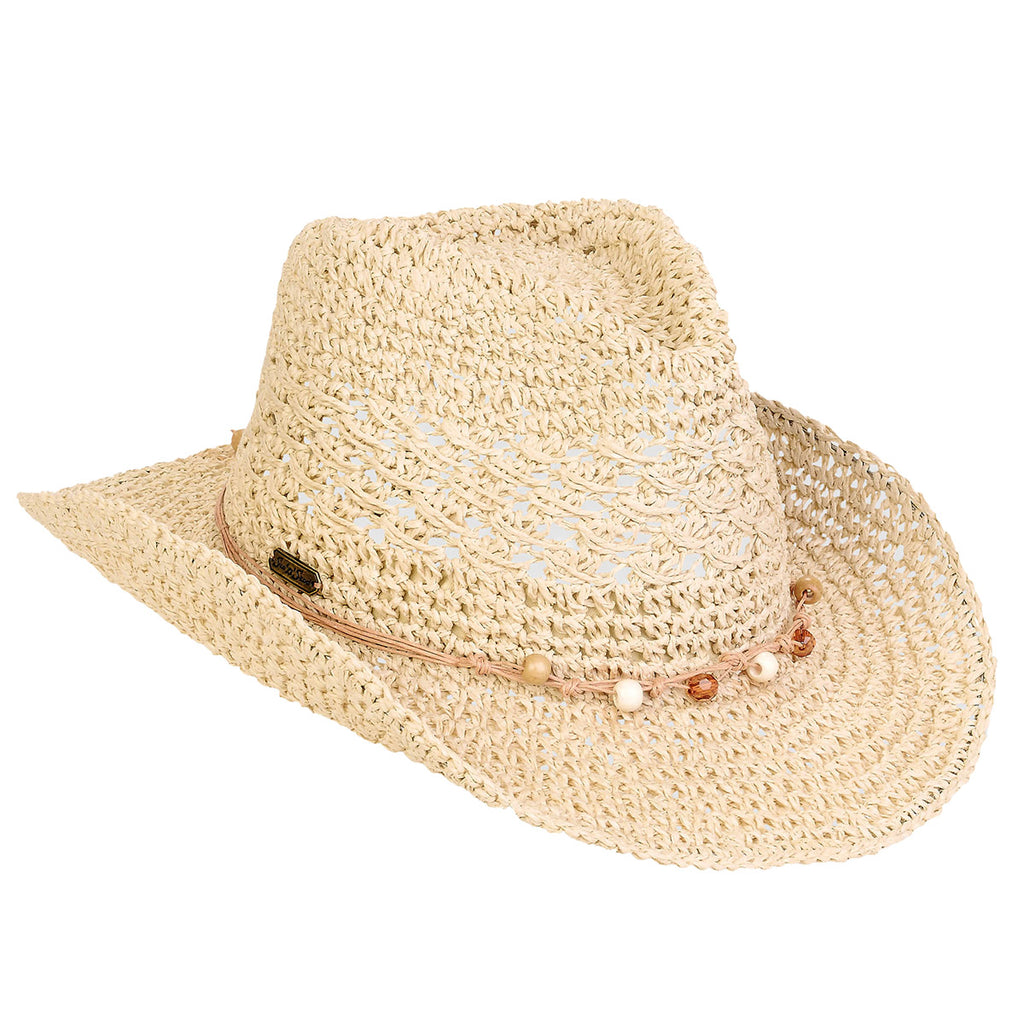 Straw Cowboy Hat with Beaded Band, Shapeable Wide Brim Crochet Sun Hat Straw Cowboy Hat with Beaded Trim Shapeable Brim for Sun  main image 4