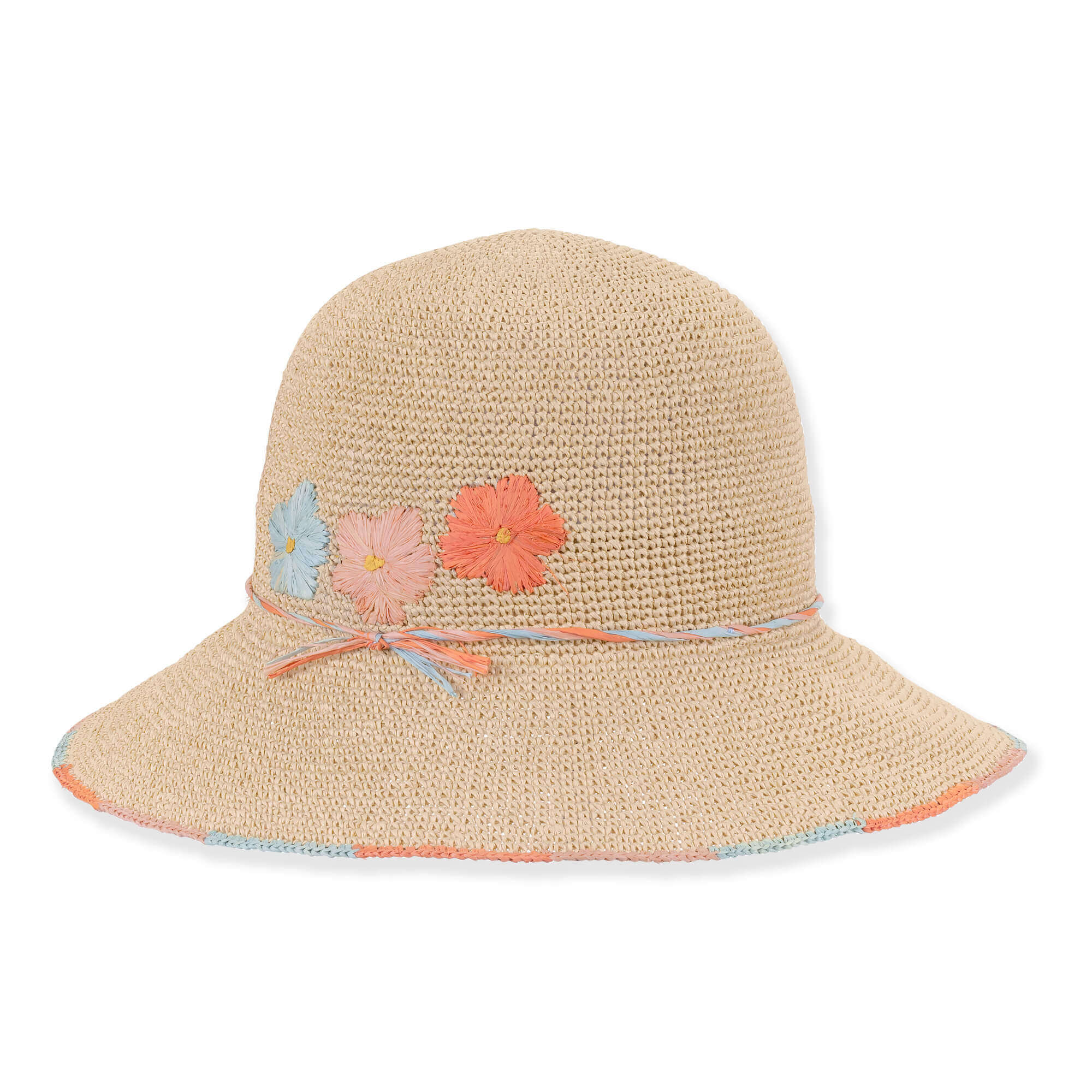 Crocheted Straw Cloche with Embroidered Flowers - Sun 'N' Sand Hats Cloche Sun N Sand Hats HH3648 Natural OS (58 cm)