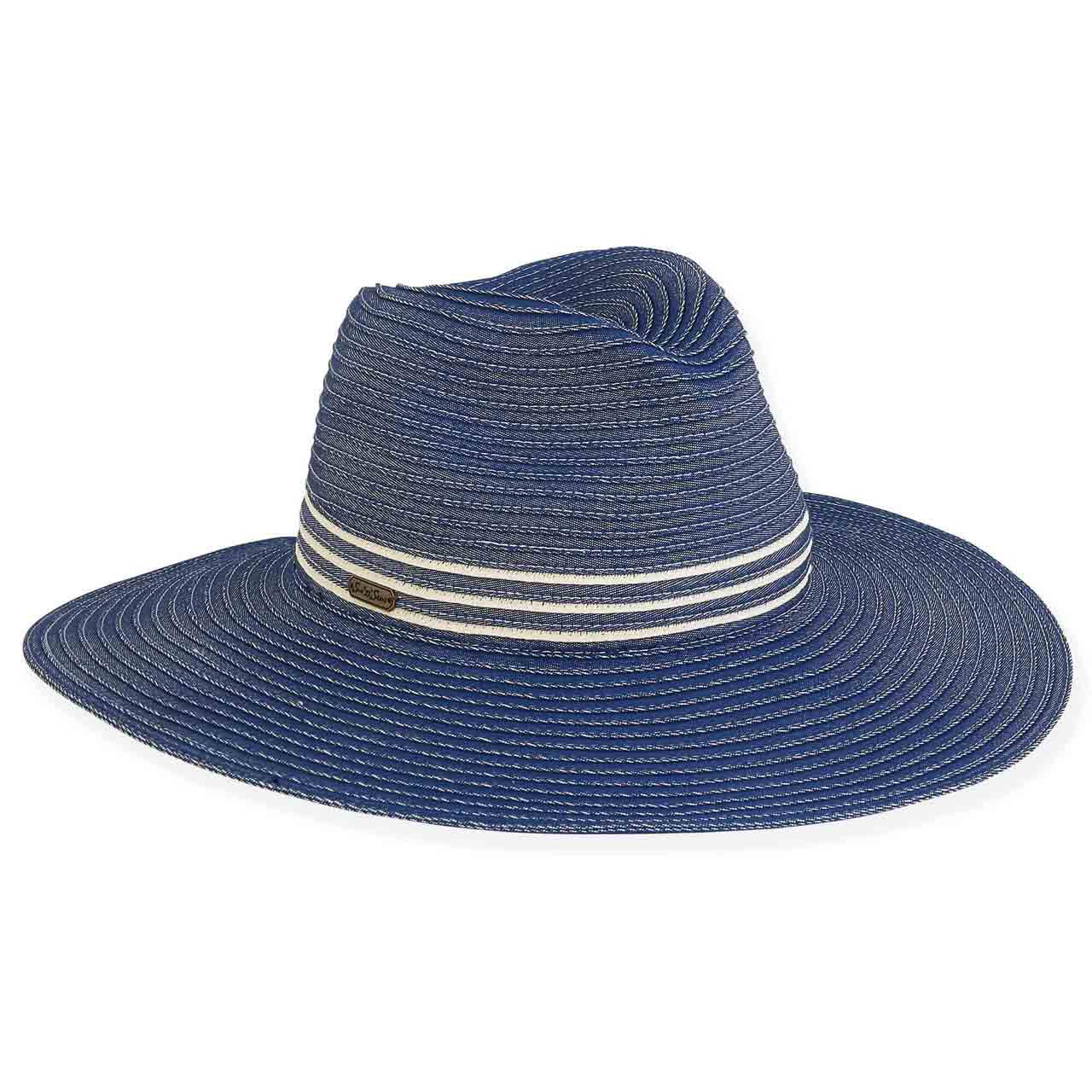 Denim Ribbon Safari Hat with Striped Band - Sun'N'Sand Hats Safari Hat Sun N Sand Hats HH2869 Navy OS (57 cm) 
