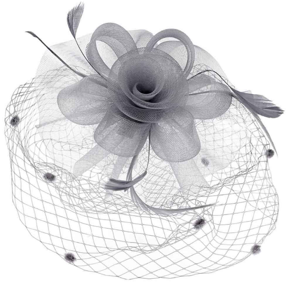 Dotted Netting Veil Fascinator with Tulle Flower - Something Special Fascinator Something Special LA HTH2709-GY Grey  