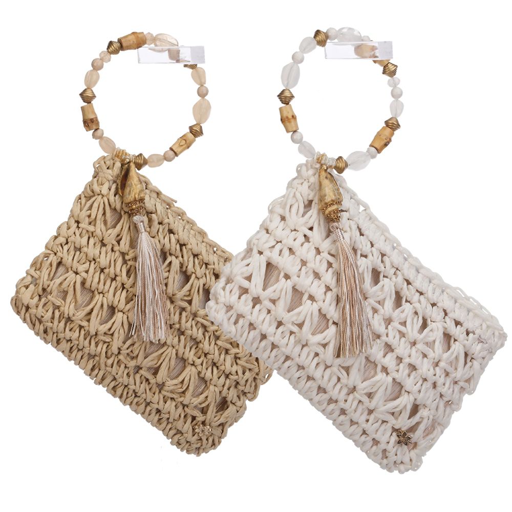 Hand Crocheted Toyo Clutch with Beaded Wristlet - Cappelli Straworld Bags Cappelli Straworld BAG1204-TAN Tan