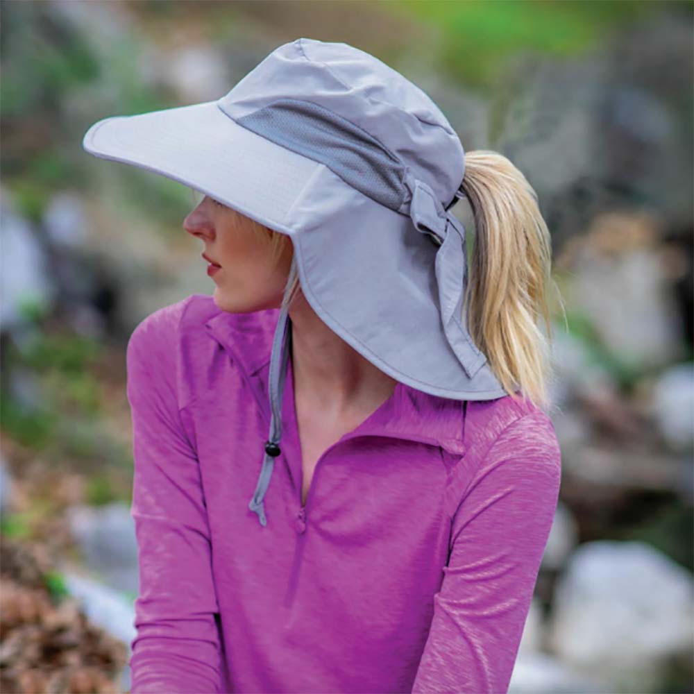 HATS AND CAPS WITH PONYTAIL HOLE. WOMEN WEARING PONYTAIL HOLE HIKING CAP WITH NECK CAPE