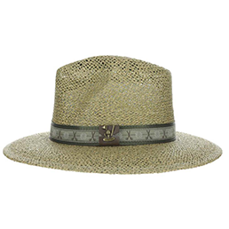 Woven straw golf hat for men with a golf ball and clubs print band on a white background