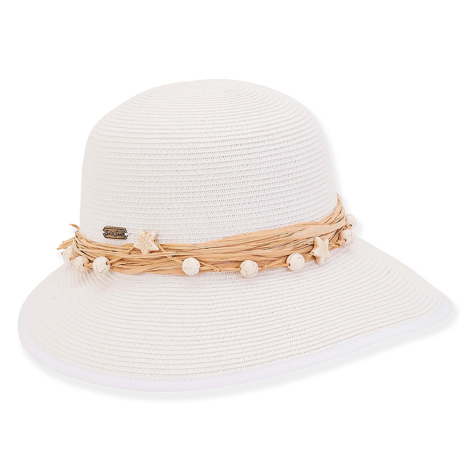 Narrowing Brim White Sun Hat with Raffia and Beads Band - Sun'N'Sand Wide Brim Hat Sun N Sand Hats HH2638A White OS (57 cm) 