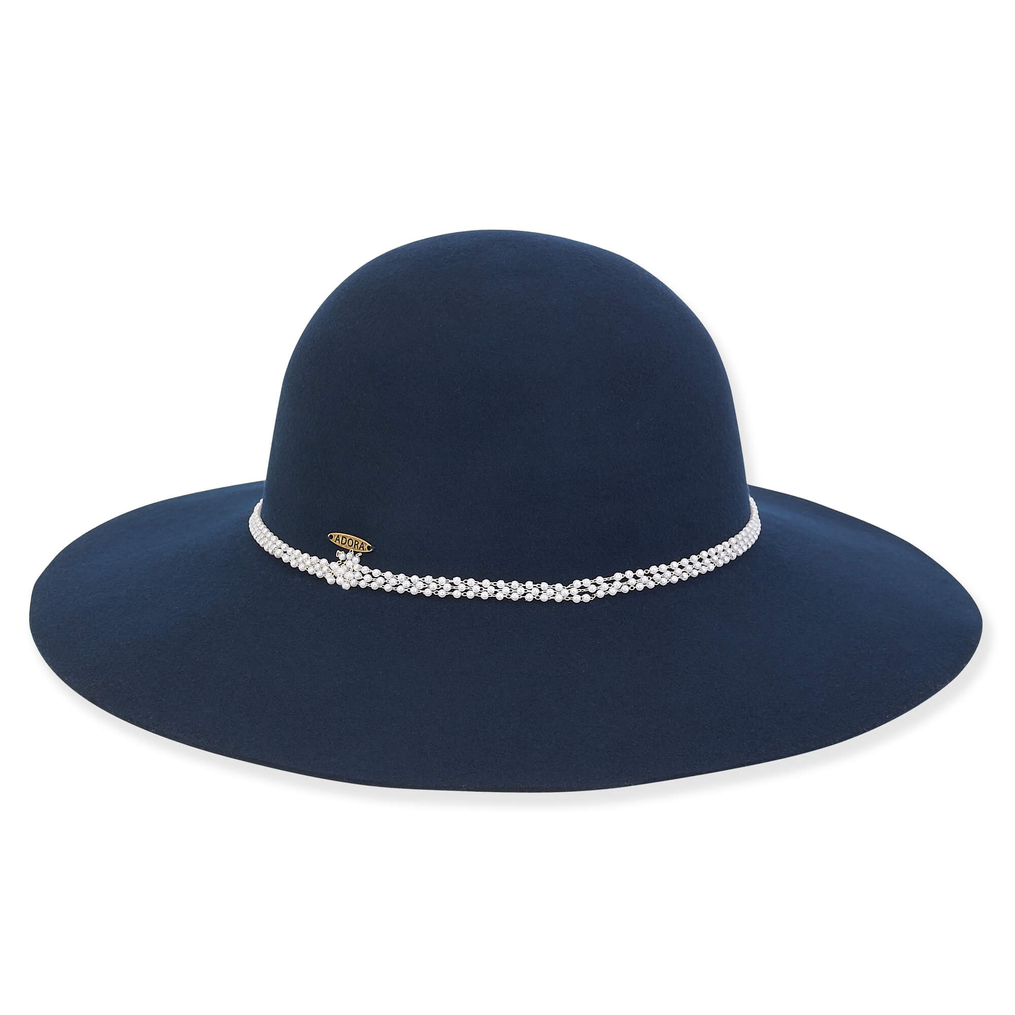 Navy Wool Felt Floppy Hat with Strings of Pearl - Adora®Hats