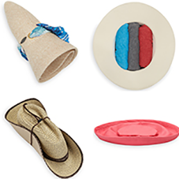 Packable hat. Steps showing ways to pack hats
