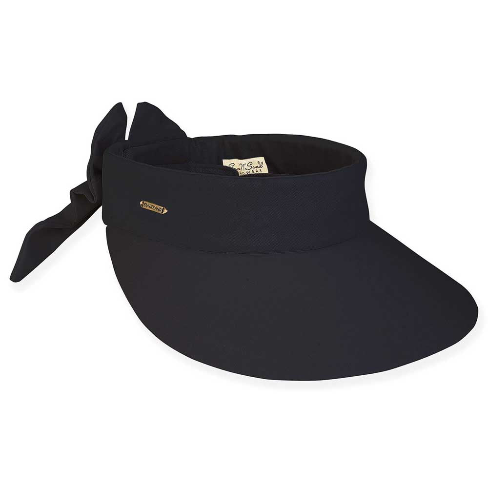 Petite Cotton Wide Brim Sun Visor with Bow - Sun 'N' Sand Hats Visor Cap Sun N Sand Hats HH2968C Black Small(54-57 cm) 