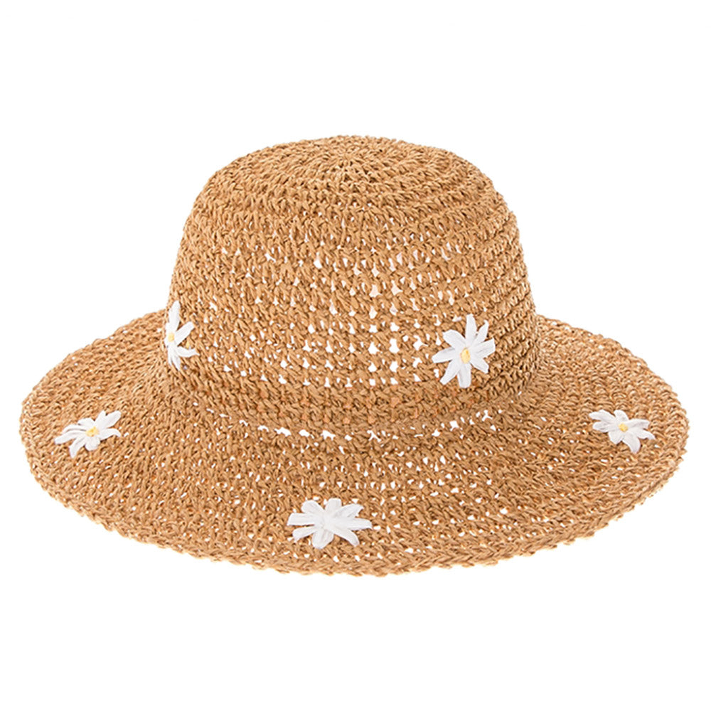 Petite Crocheted Hat with Daisies - Boardwalk Style Wide Brim Sun Hat Boardwalk Style Hats DA2961 Brown XS (54 cm) 