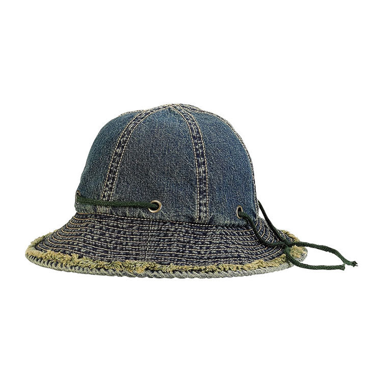 Petite Denim Cloche Hat with Metal Eyelets and Tie for Small Heads