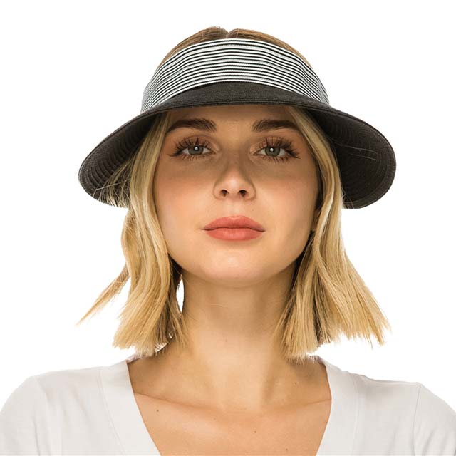 Pin Striped Band Straw Sun Visor, 4" Bill, S-M Size - Boardwalk Style Visor Cap Boardwalk Style Hats