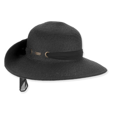 Pinned Up Back Sun Hat with Chiffon Scarf - Sun 'N' Sand Hats Facesaver Hat Sun N Sand Hats HH3481B Black OS (57 cm)