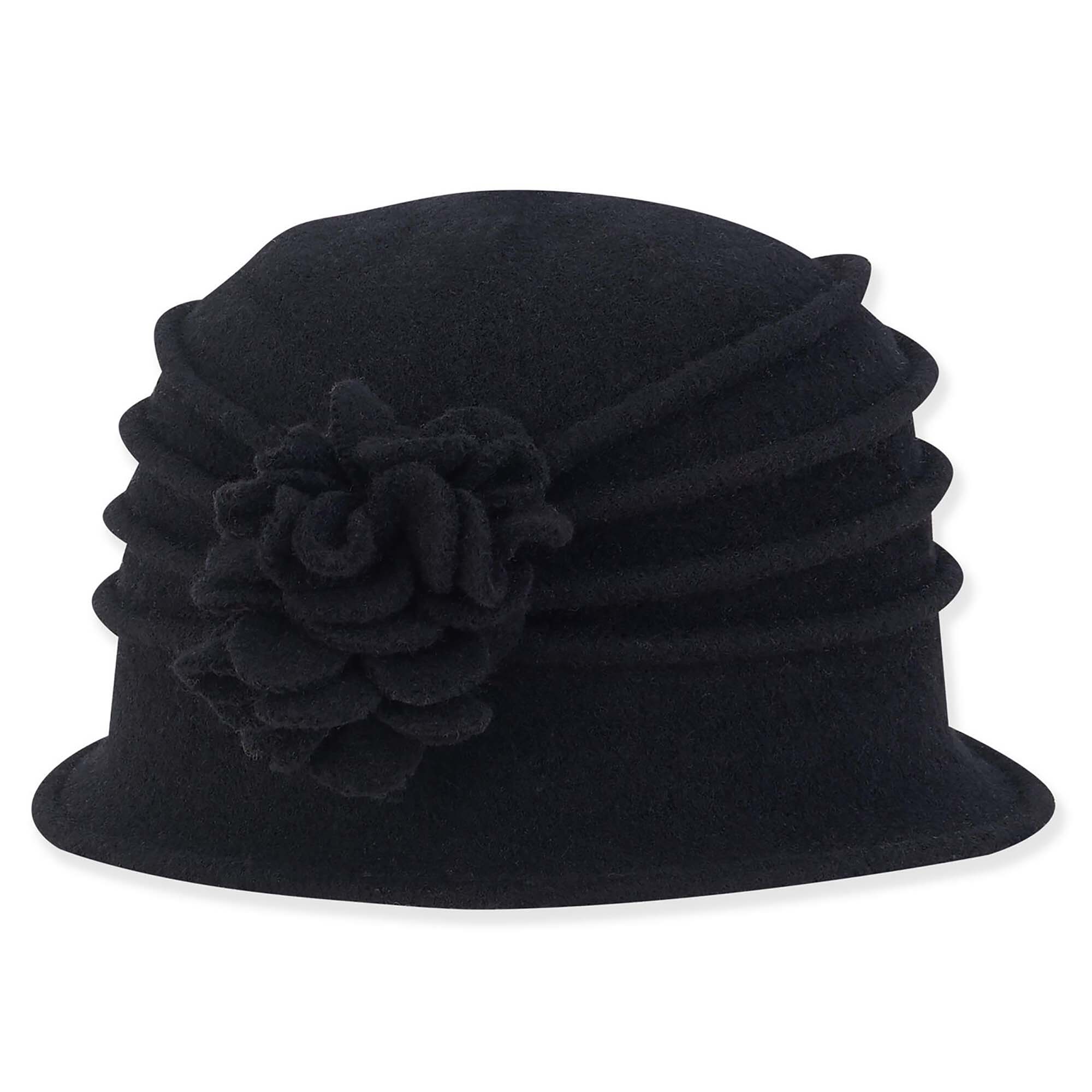 Pleated Boiled Wool Beanie Hat with Flower - Adora® Hats Beanie Adora Hats AD1462A Black Medium (57 cm) 