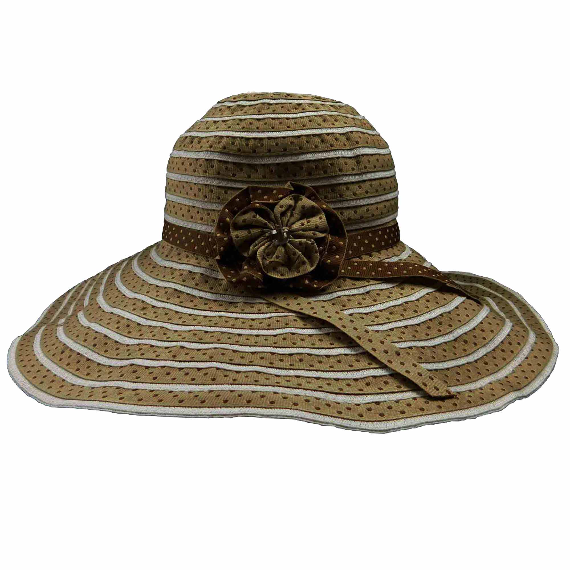 Polka Dot Ribbon Sun Hat with Flower - Jeanne Simmons Hats Wide Brim Sun Hat Jeanne Simmons    