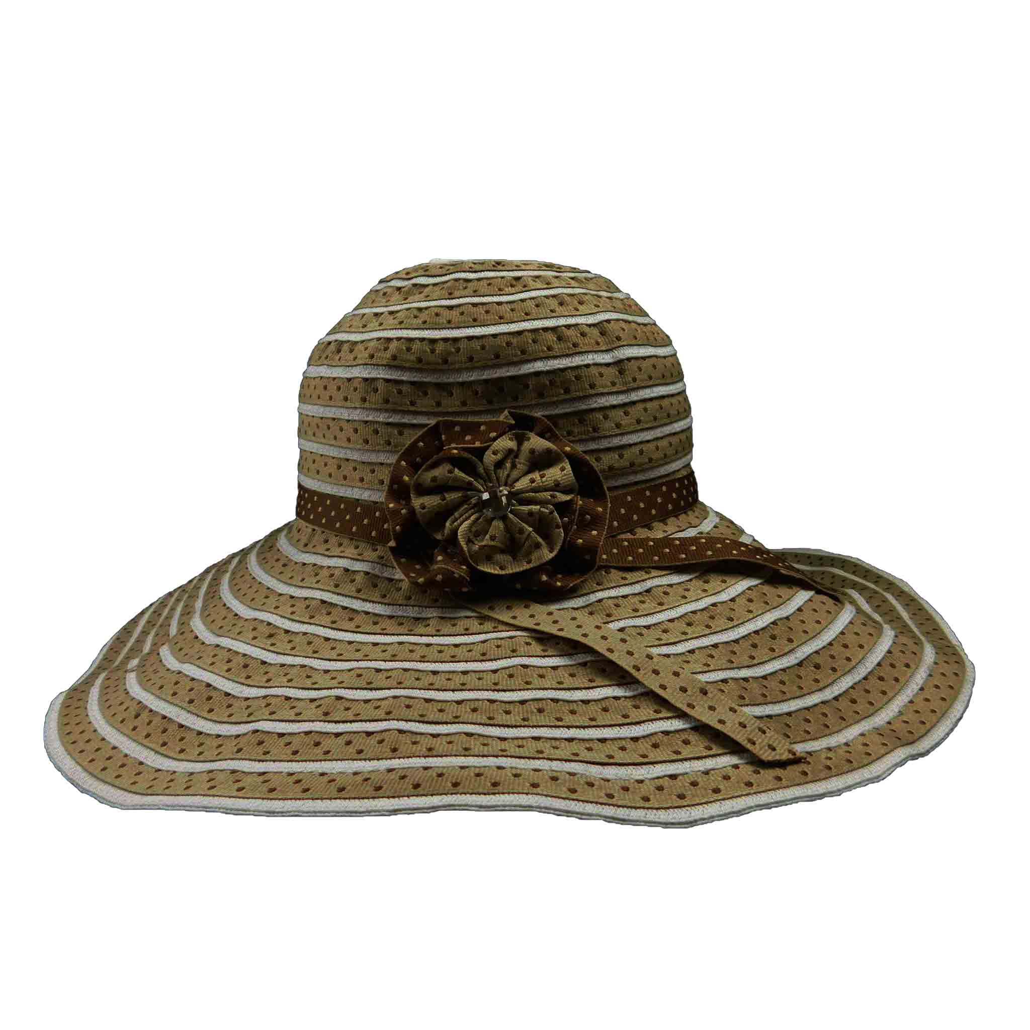 Polka Dot Ribbon Sun Hat with Straw Braids - Jeanne Simmons Hats Wide Brim Sun Hat Jeanne Simmons JS9515-TAN Taupe  