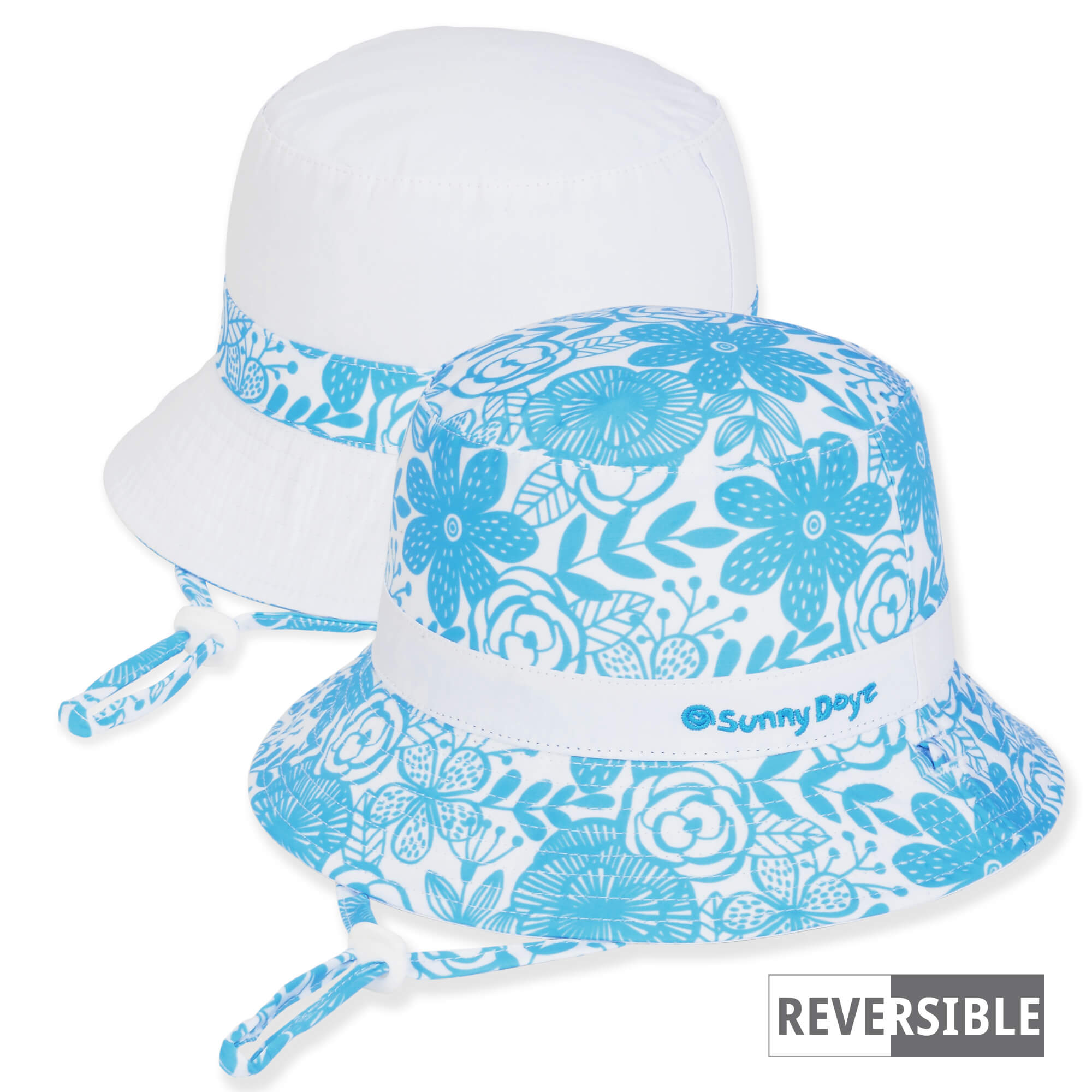 Reversible Blue Floral Print & White Cotton Petite Bucket Hat - Sunny Dayz® Bucket Hat Sun N Sand Hats