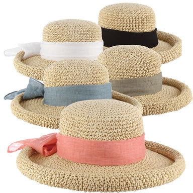 Rolled Brim Toyo Straw Hat with Gauze Tie - Scala Pronto Kettle Brim Hat Scala Hats