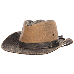Safari hat for men with beige canvas crown and brown brim