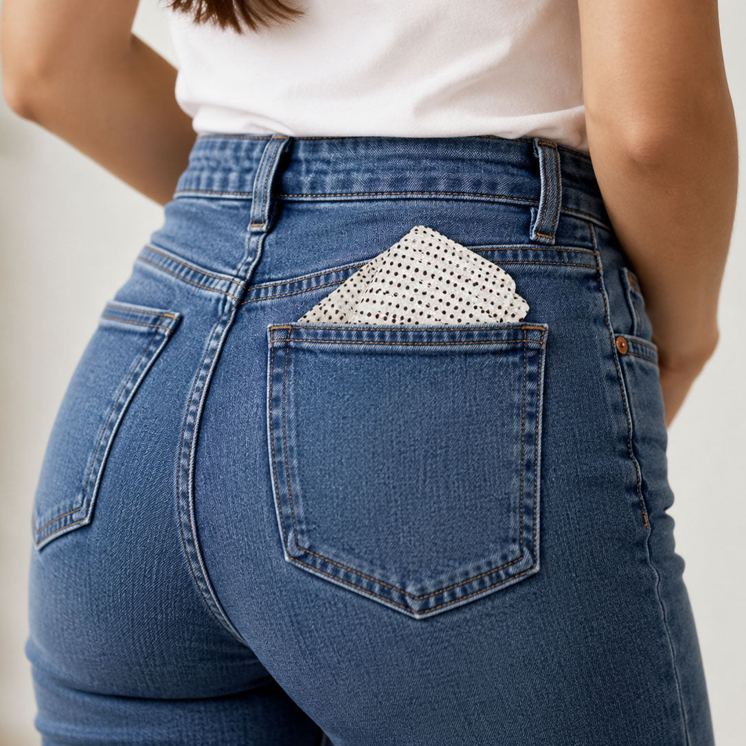 Close-up back view of a person wearing blue denim jeans with a white Scrunchie hat inserted in the back right pocket.