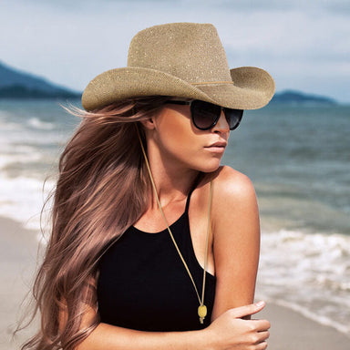 Sequin Speckled Knit Cowgirl Hat with Chin Strap - Sun 'N' Sand Hats Cowboy Hat Sun N Sand Hats