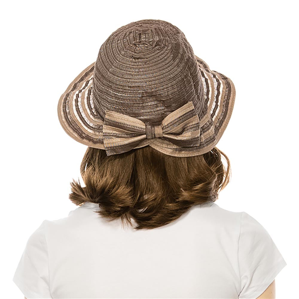 Sheer Ribbon Cloche Hat with Striped Brim and Bow - Boardwalk Style Cloche Boardwalk Style Hats    