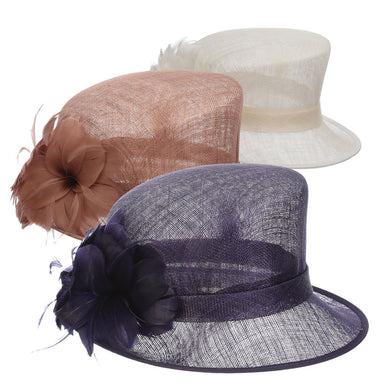 Small Sinamay Dress Hat with Feather Flower - Scala Kentucky Derby Hat Dress Hat Something Special Hat LD110-TAN Tan