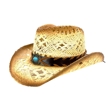 Small Size Macrame Straw Cowboy Hat with Turquoise Bead - Milani Hats Cowboy Hat Milani Hats    