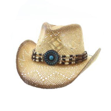 Small Size Macrame Straw Cowboy Hat with Turquoise Concho - Milani Hats Cowboy Hat Milani Hats KST-062 Natural Small
