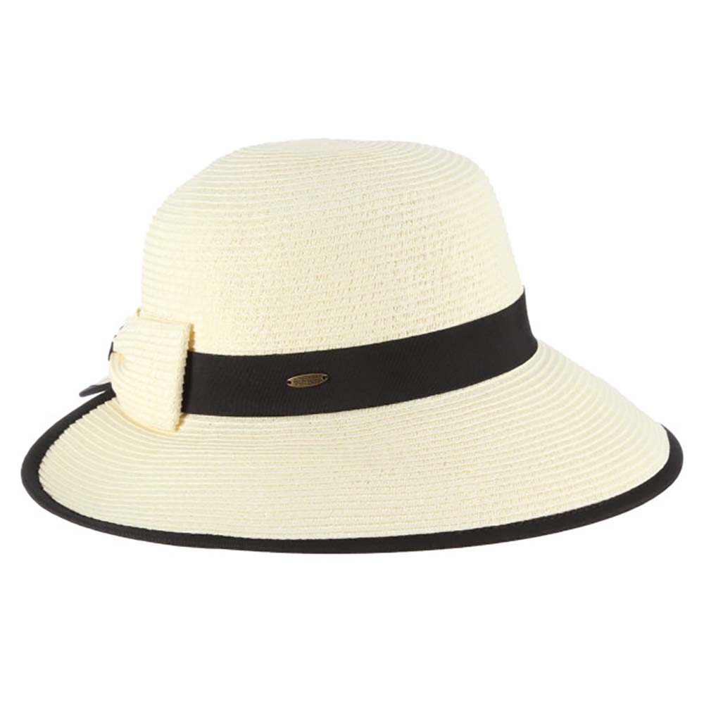Split Brim Sun Hat with Straw Bow - Scala Collection Hats Black Tweed / Medium (57 cm)