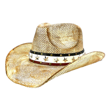 Straw Cowboy Hat with Red, White and Blue Star Band - Milani Hats Cowboy Hat Milani Hats ST-092 Tan M/L 