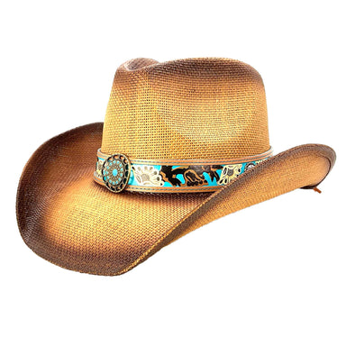 Straw Cowboy Hat with Turquoise Band and Concho - Milani Hats Cowboy Hat Milani Hats ST-118BRN Brown M/L 