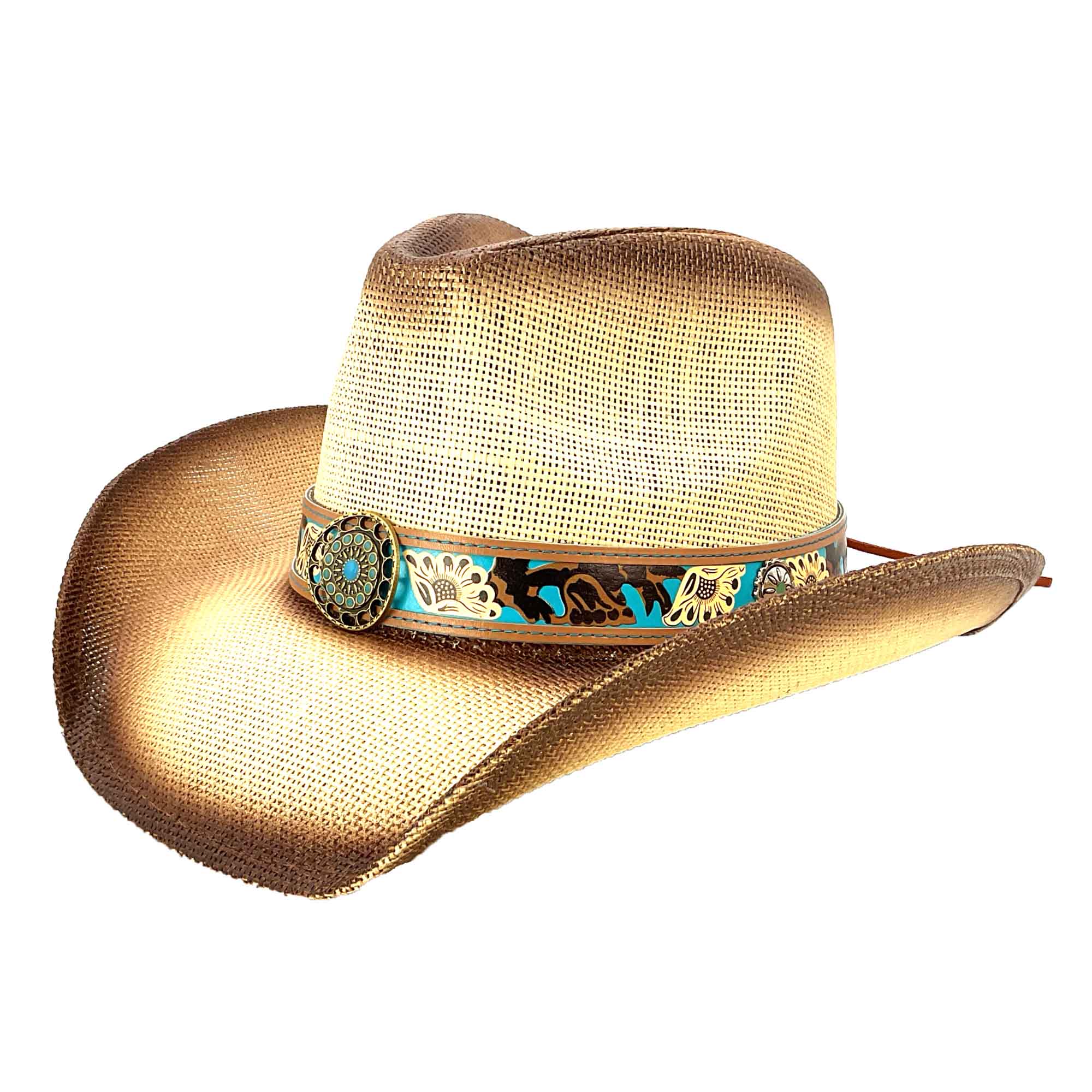 Straw Cowboy Hat with Turquoise Band and Concho - Milani Hats Cowboy Hat Milani Hats ST-118NAT Natural M/L 