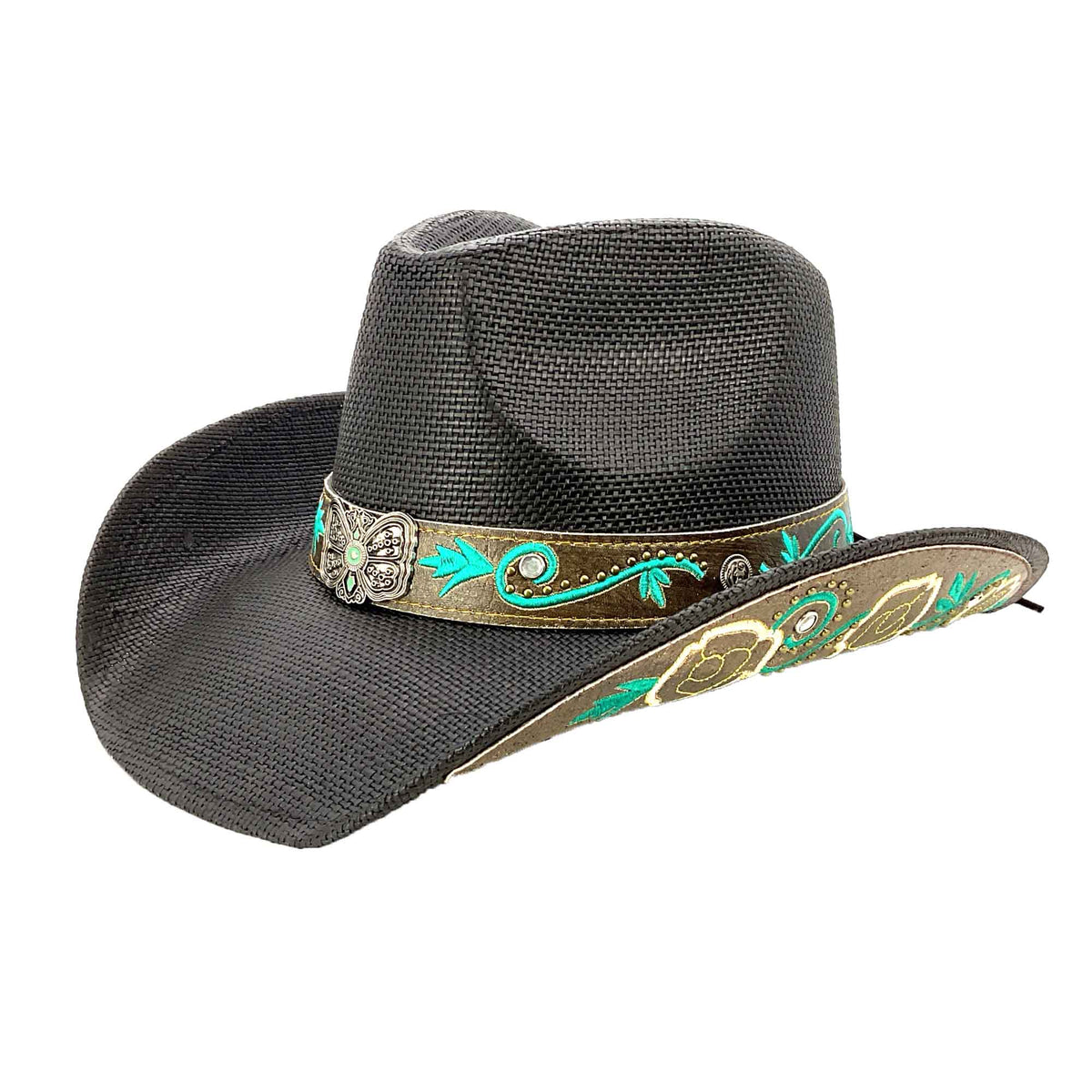 Straw Cowboy Hat with Turquoise Embroidered Band - Milani 